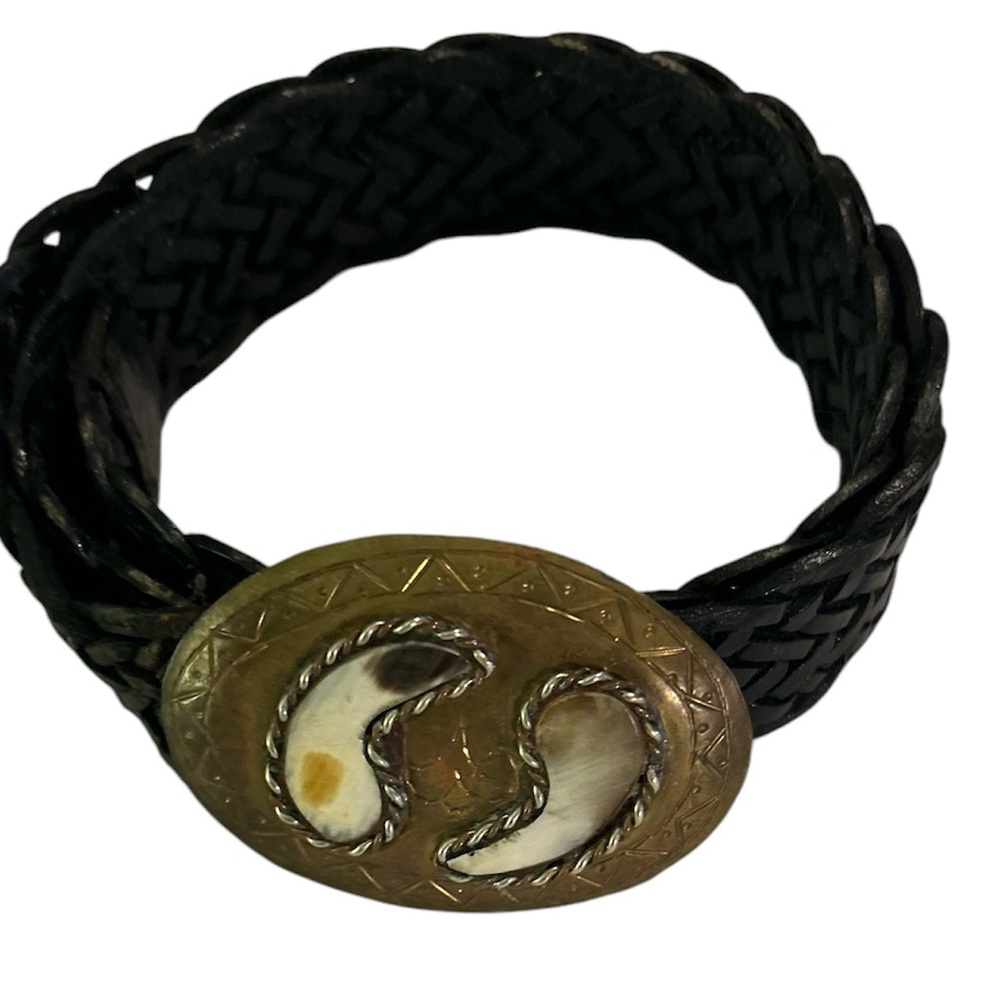 Trendy Black Woven Leather Belt with brass buckle . 40” length